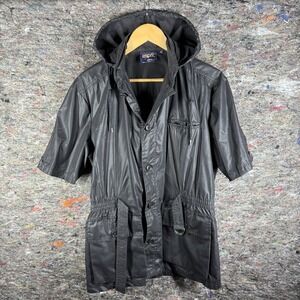 Vintage Esprit Jacket Womens Large Black Hooded Short Sleeve Parka Belted 90s‎